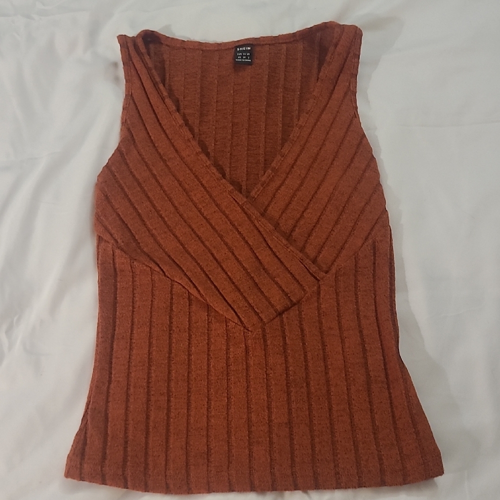 Shein Ribbed Top V-neck Sleeveless Rust XS